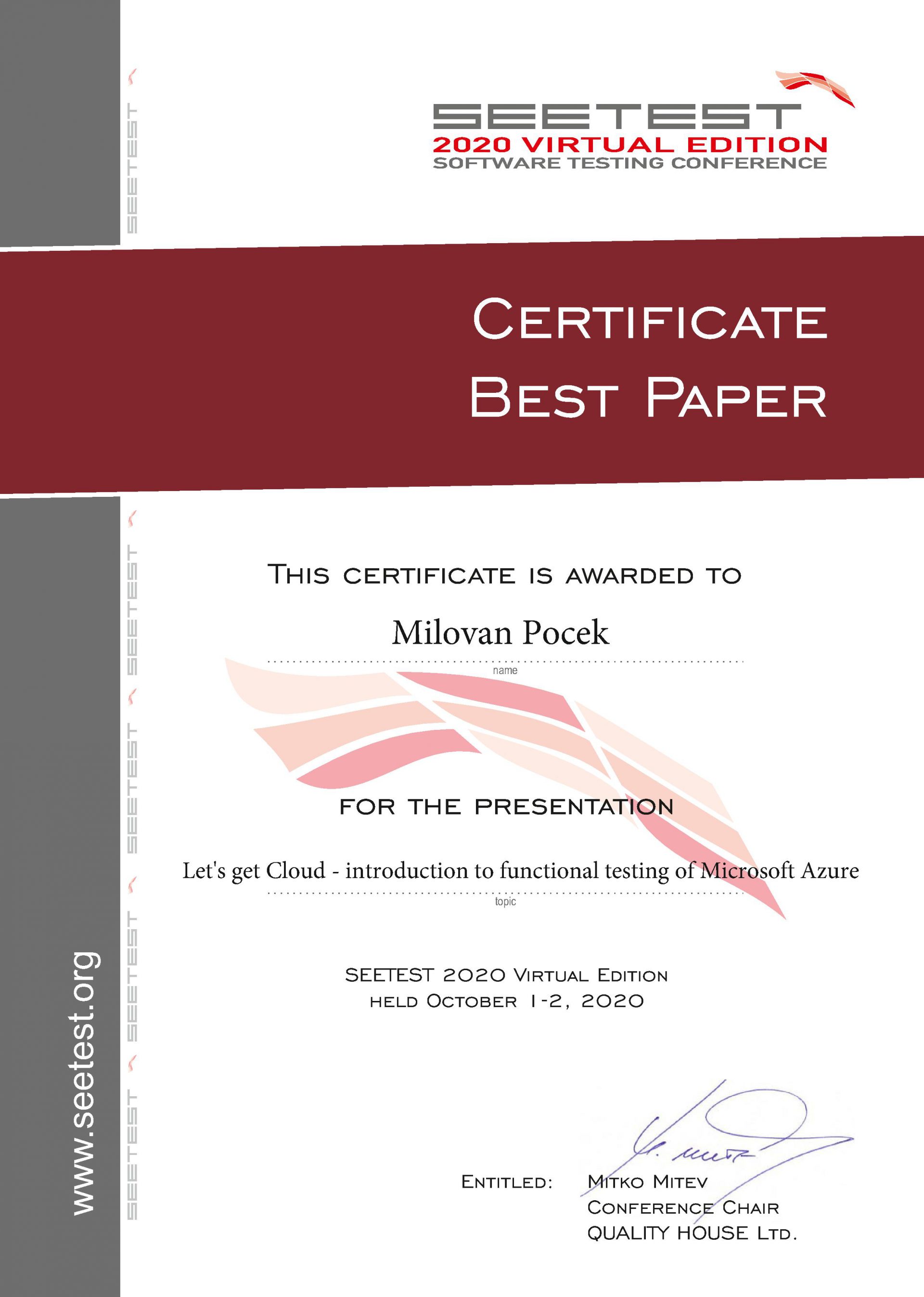 seetest 2020 best paper certificate milovan pocek introduction to functional testing of microsoft azure